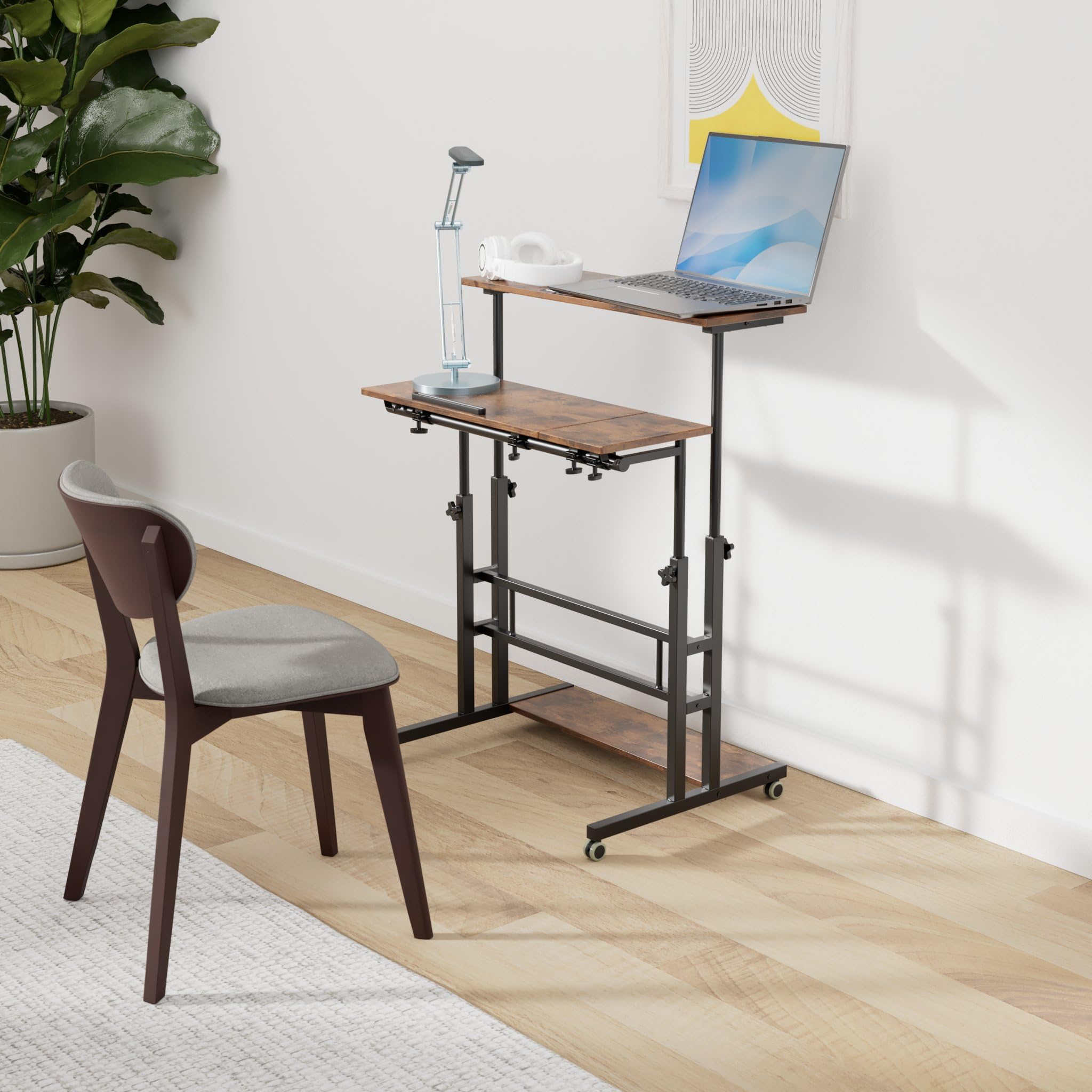 Mobile Standing Desk Adjustable Height, Rolling Desk Stand Up Desk, Mobile Laptop Desk, Rolling Computer Desk with Charging Station, Portable Desk with Wheels, Rustic Brown