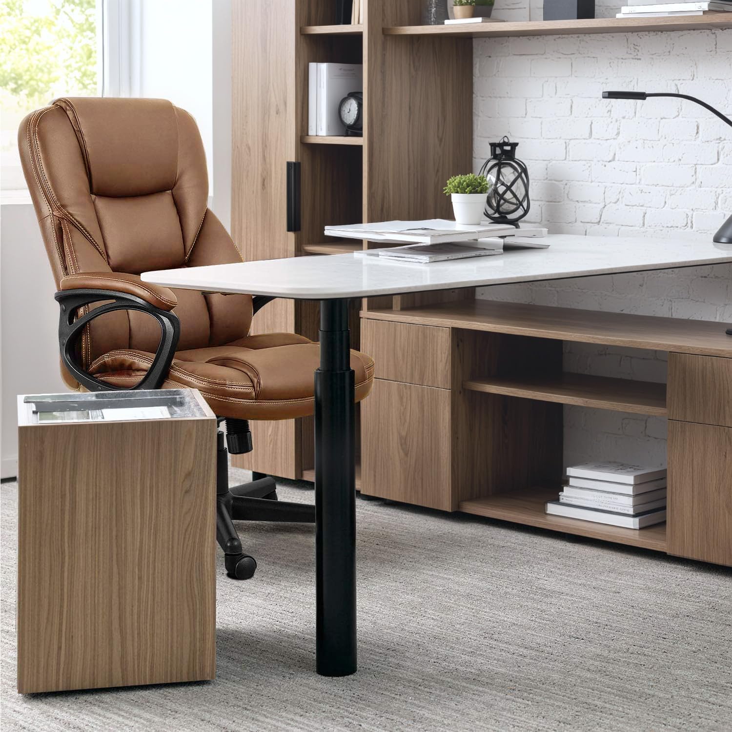 Office Executive Chair High Back Adjustable Managerial Home Desk Chair, Swivel Computer PU Leather Chair with Lumbar Support (2, Light Brown)