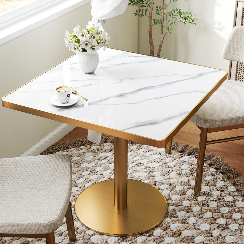 31.5" Tulip Table,Square Kitchen Dining Table for 2-4 with Thick Sintered Stone Top,Titanium Golden Pedestal Base,Heat-Resistant,Bistro Table for Dining Room,Café,Small Space（Flowing Traces）