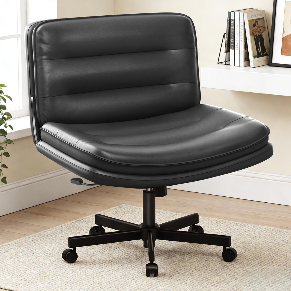 Cross Legged Office Chair with Wheels Armless Office Desk Chair, Modern Vanity Computer Task Chairs for Home Bedroom, Comfortable Wide Seat for Lower Back Pain Relief, PU Leahter, Black