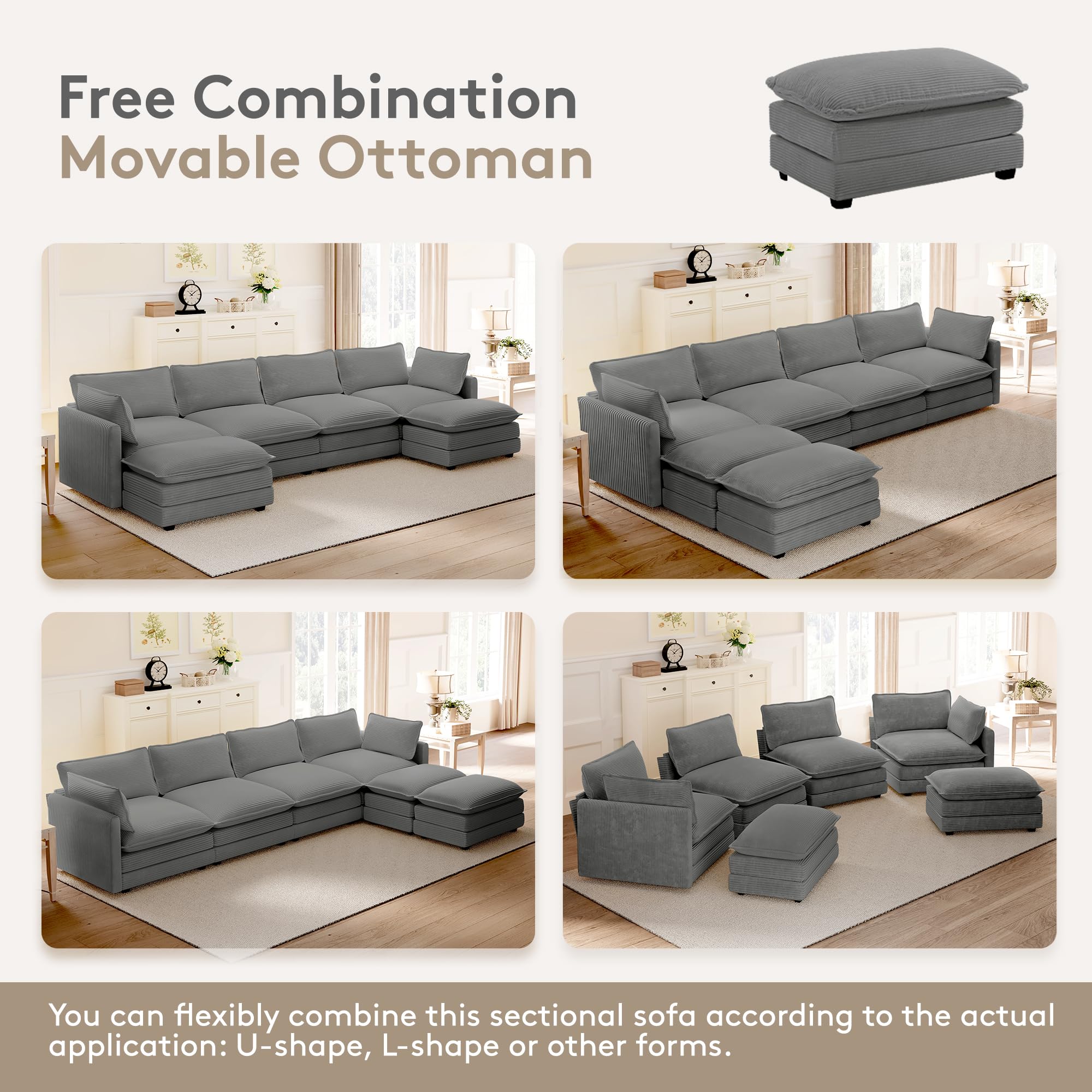 148'' Sectional Cloud Couch with 2 Ottomans, Oversized 4 Seat Sleeper Sofa with 2 Throw Pillows, Convertible Upholstered U Shaped Cozy Sofa Furniture Set for Living Room and Office, Dark Grey
