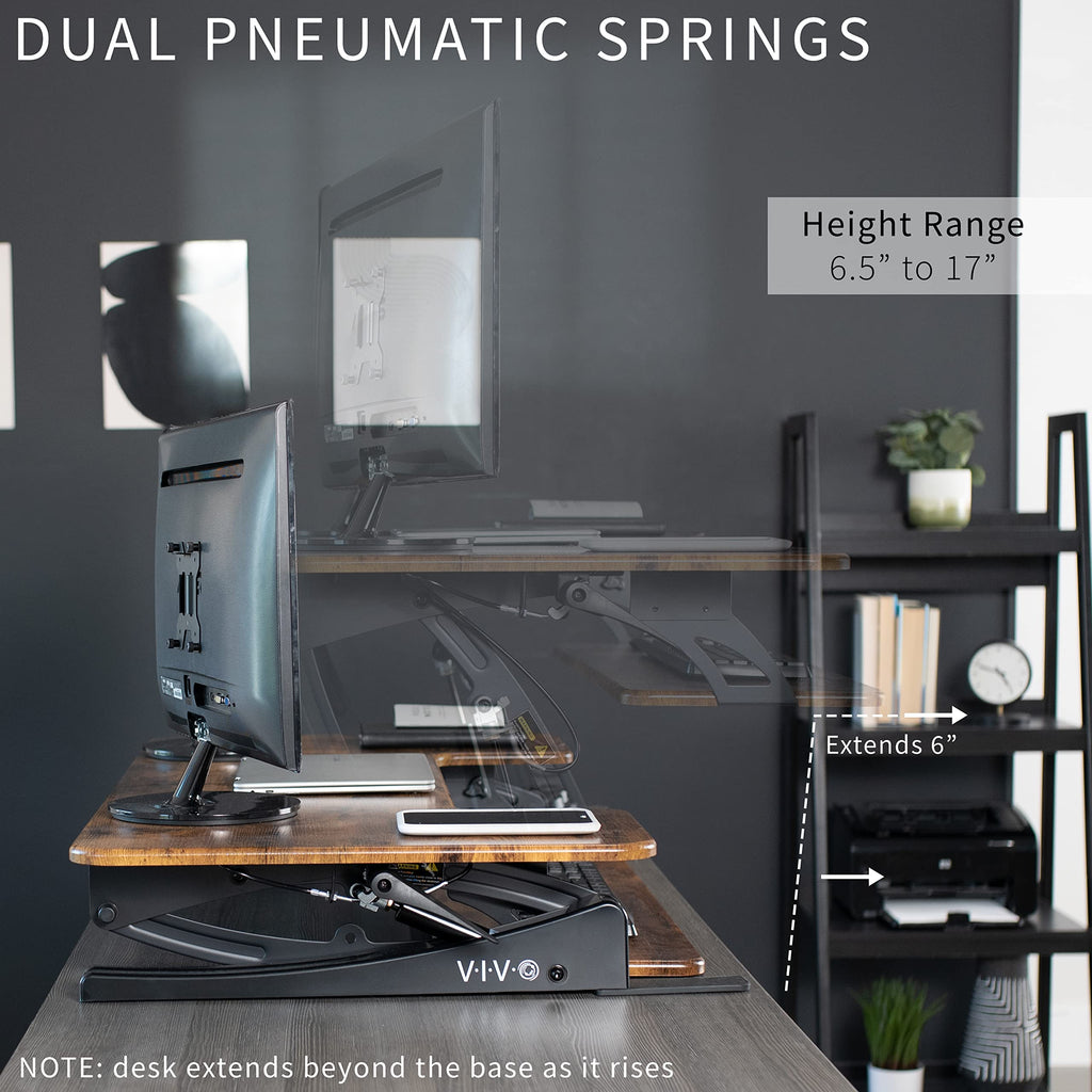 36 inch Height Adjustable Stand Up Desk Converter, V Series, Quick Sit to Stand Tabletop Dual Monitor Riser Workstation, Rustic Vintage Brown Top, Black Frame, DESK-V000VN