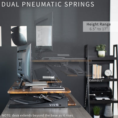 36 inch Height Adjustable Stand Up Desk Converter, V Series, Quick Sit to Stand Tabletop Dual Monitor Riser Workstation, Rustic Vintage Brown Top, Black Frame, DESK-V000VN