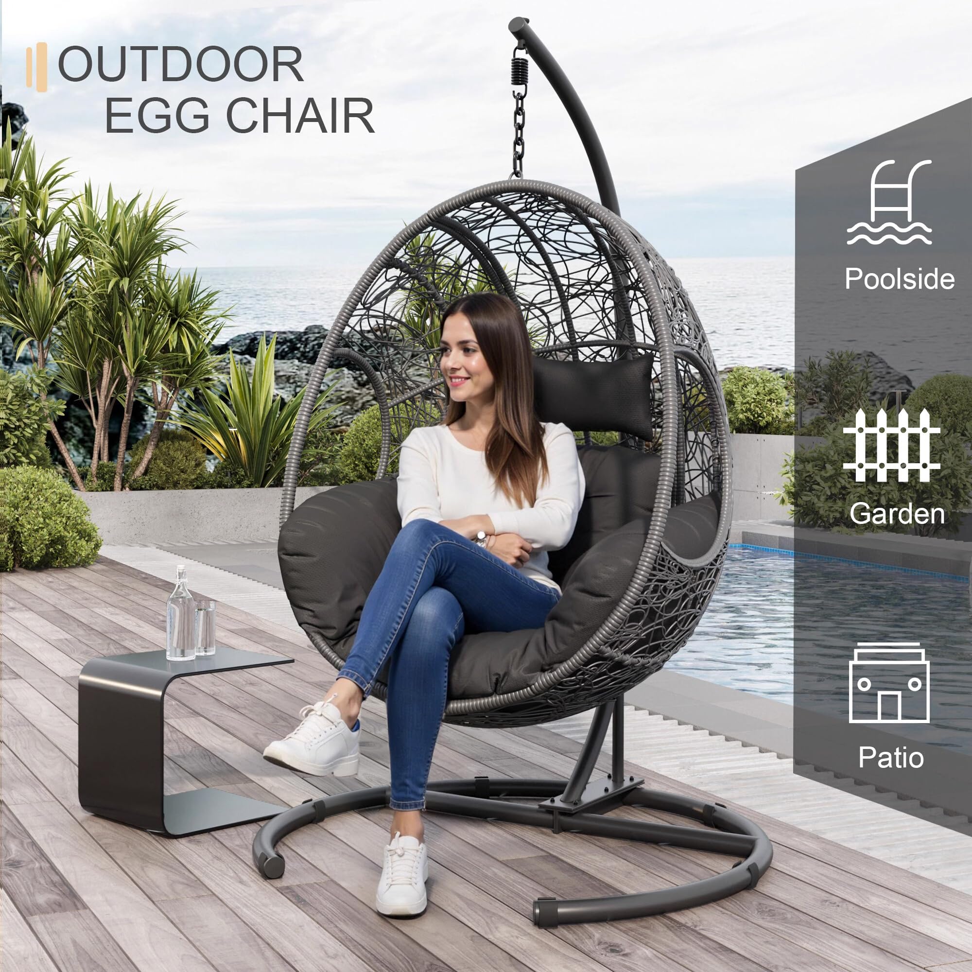Oversized Hanging Egg Chair Outdoor Indoor, Wicker Swing Egg Chair with Stand 400lbs Capacity for Bedroom, Patio, Garden and Balcony (Grey-nest, Oversize)