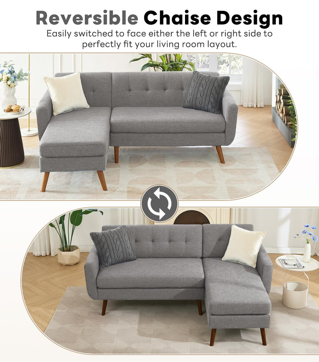 L Shaped Couch, 80" W Mid-Century Modern Sofa, Sectional Couches, 3 Seater Sofas with Wide Chaise Lounge, Button Tufted Upholstered Sectional Sofa for Living Room, Bedroom, Gray