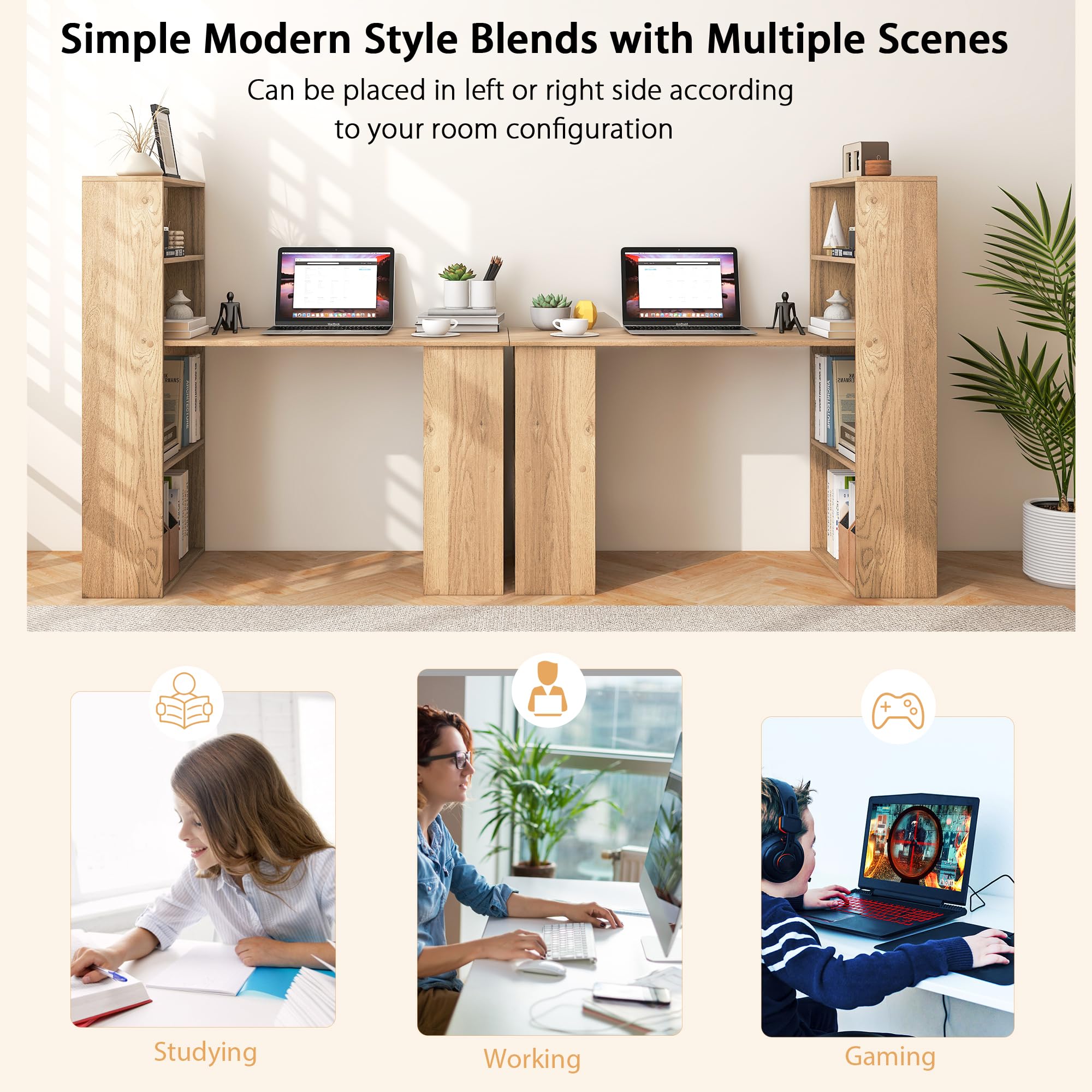 Computer Desk with Bookshelf, Writing Study Desk with Storage Shelves & CPU Stand, Modern Compact Computer Workstation for Home & Office, Space-Saving Design(Natural)
