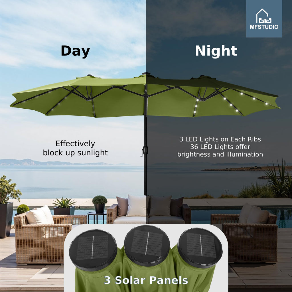 15ft Double Sided Patio Umbrella with Solar Lights, Outdoor Large Umbrellas with Crank Handle and 36 LED Lights, Rectangular Market Umbrella with Base Included for Deck Pool Shade, Lime Green