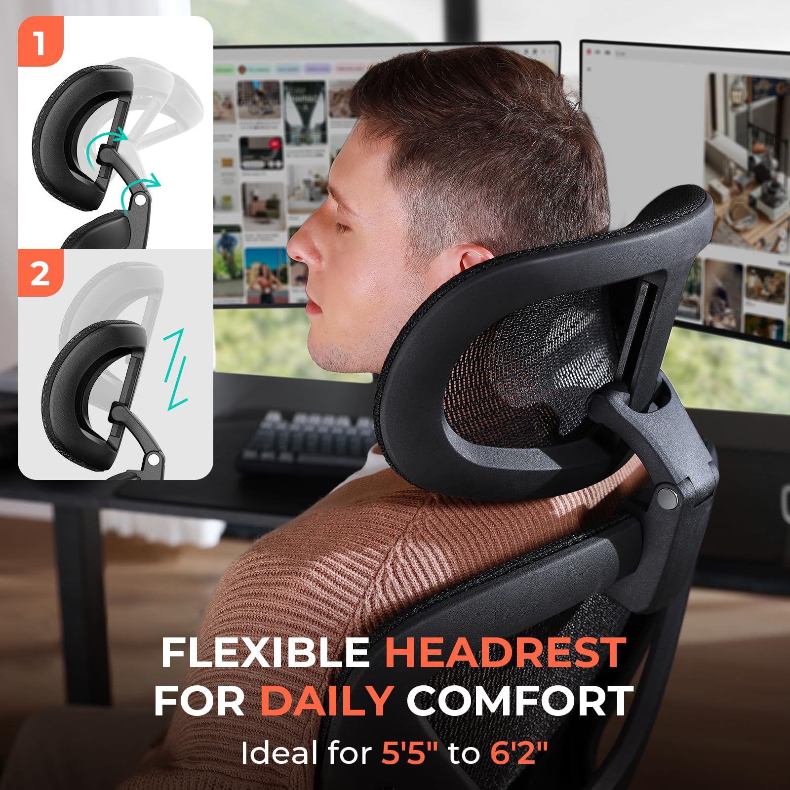 Ergonomic Mesh Office Chair, Adjustable Lumbar High Back Desk Chair 400lbs, 4D Flip-up Arms, 3-Level Tilt Backrest, 3D Headrest, PU Wheels, Swivel Rolling Computer Seating for Long Desk Work