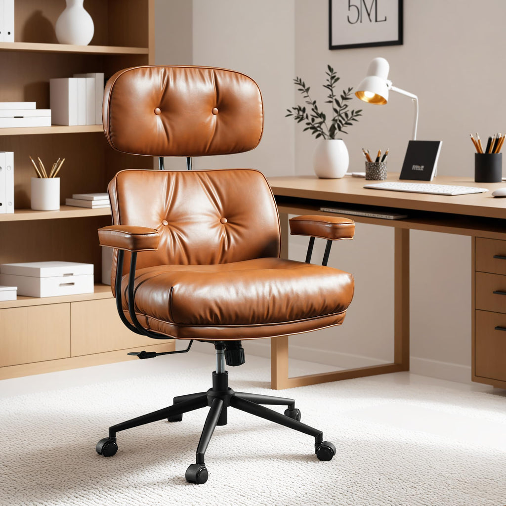 Ergonomic Office Chair, High Back Faux Leather Executive Chairs with Thick Cushion, Comfy Mid-Century Modern Swivel Rolling Computer Armchair (Brown, PU Leather)