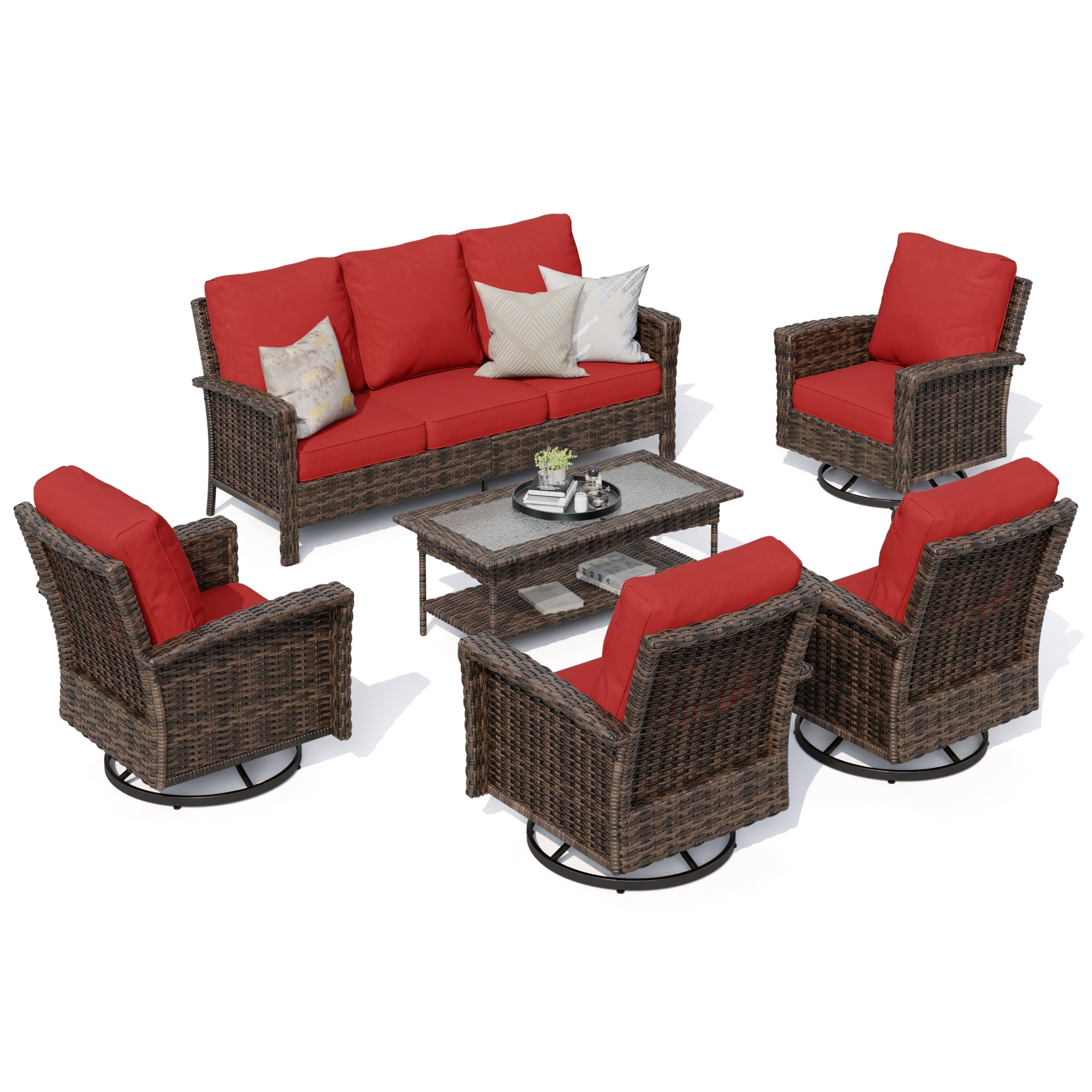 Red Patio Furniture Set, 35" High Back Swivel Chair with 5.5" Thick Cushions, Oversized Outdoor Wicker Conversation Set for Deck Garden Poolside Backyard Lawn