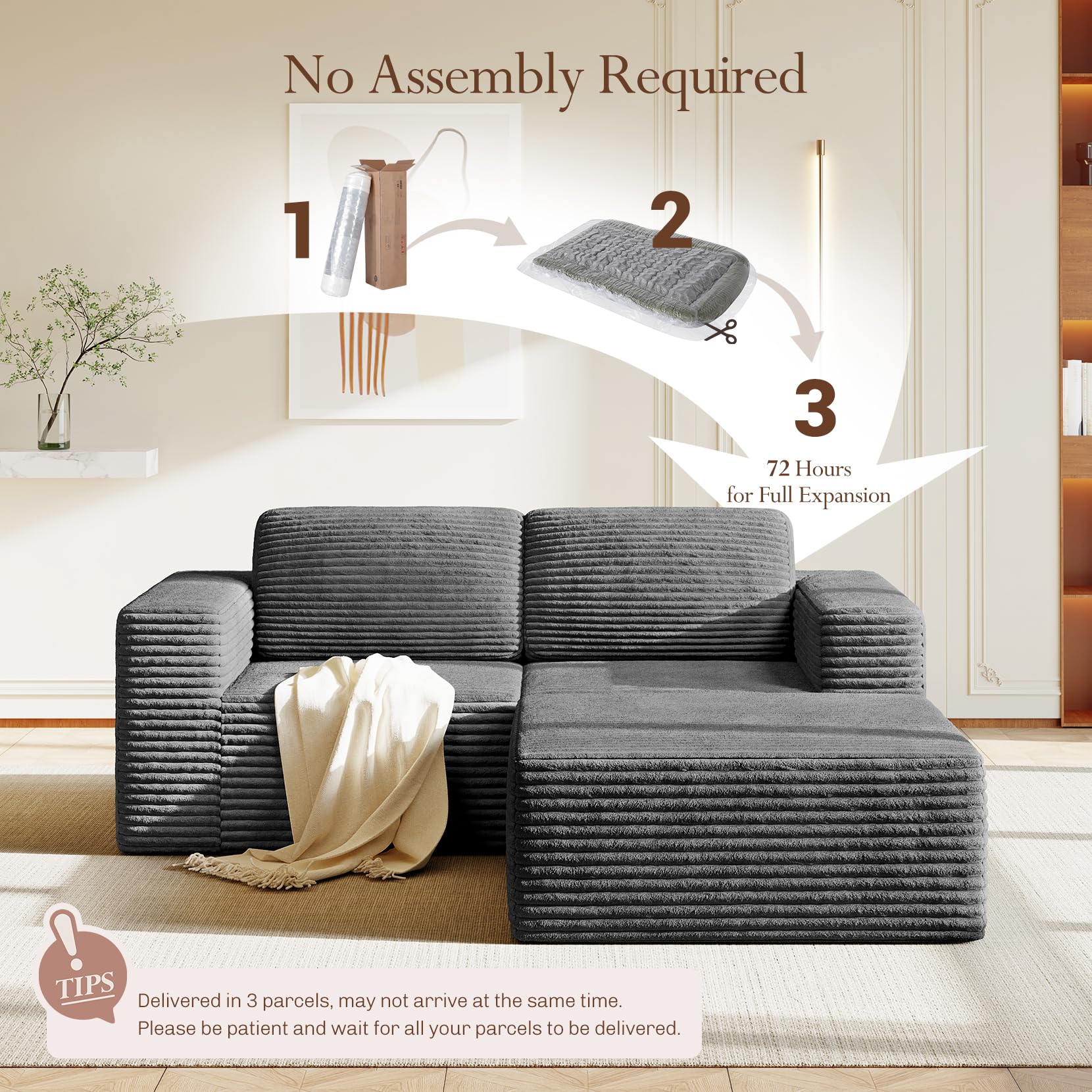 80" Modular Sectional Sofa, Corduroy Cloud Couch with Deep Seats & Spring Support, Compact 2 Seater Boneless Couch, L-Shaped Modular Sofa for Small Spaces, Apartments, No Assembly, Grey