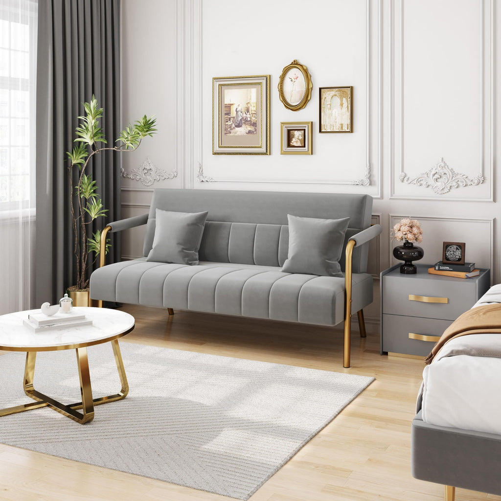 56.5" W Modern Sofa Small Sofa Luxurious Velvet Fabric Couch with Gold-Tone Metal Arms and Legs for Living Room, Home Office, Studio Light Gray