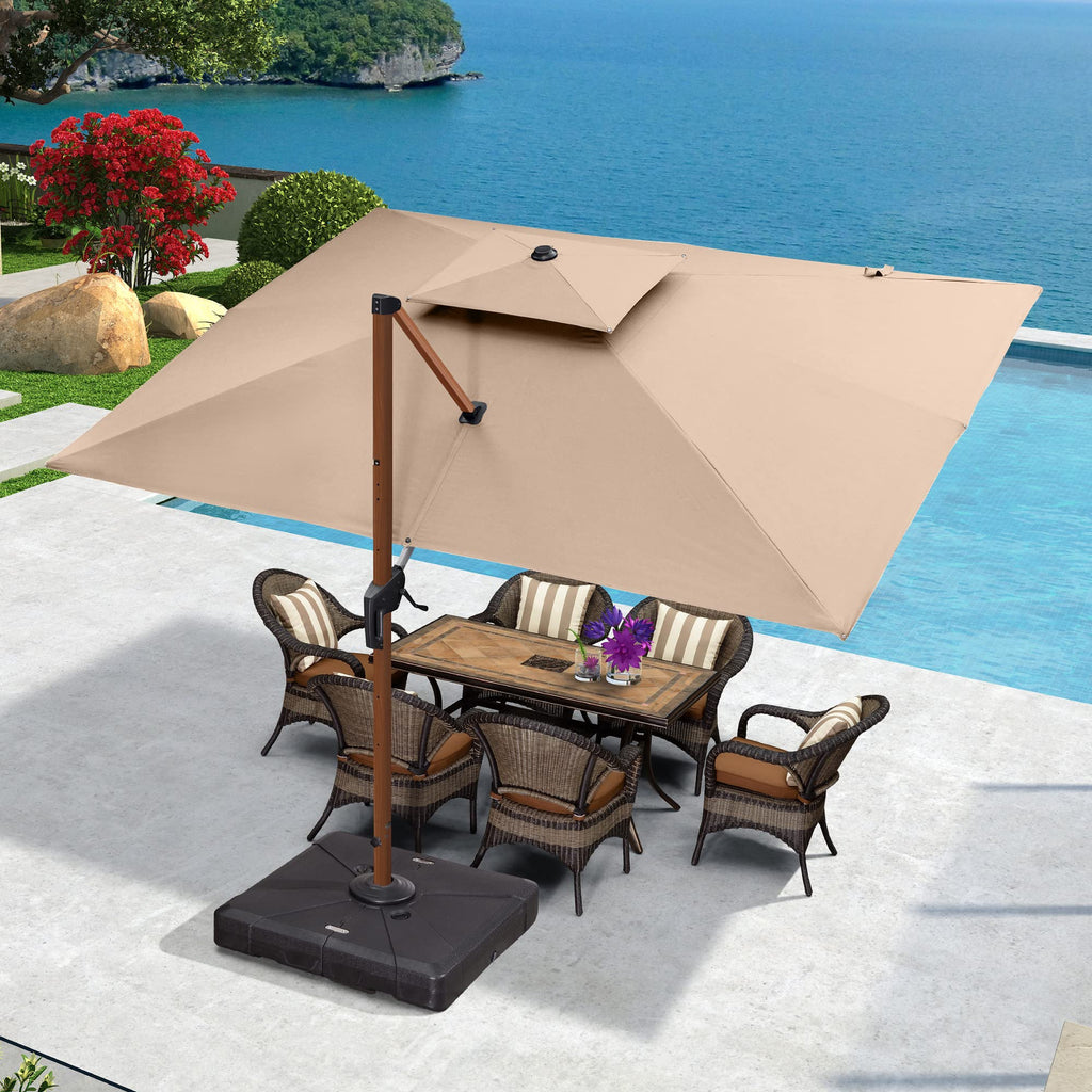 9' X 12' Double Top Deluxe Wood Pattern Rectangle Patio Umbrella Offset Hanging Umbrella Outdoor Market Umbrella Garden Umbrella, Beige