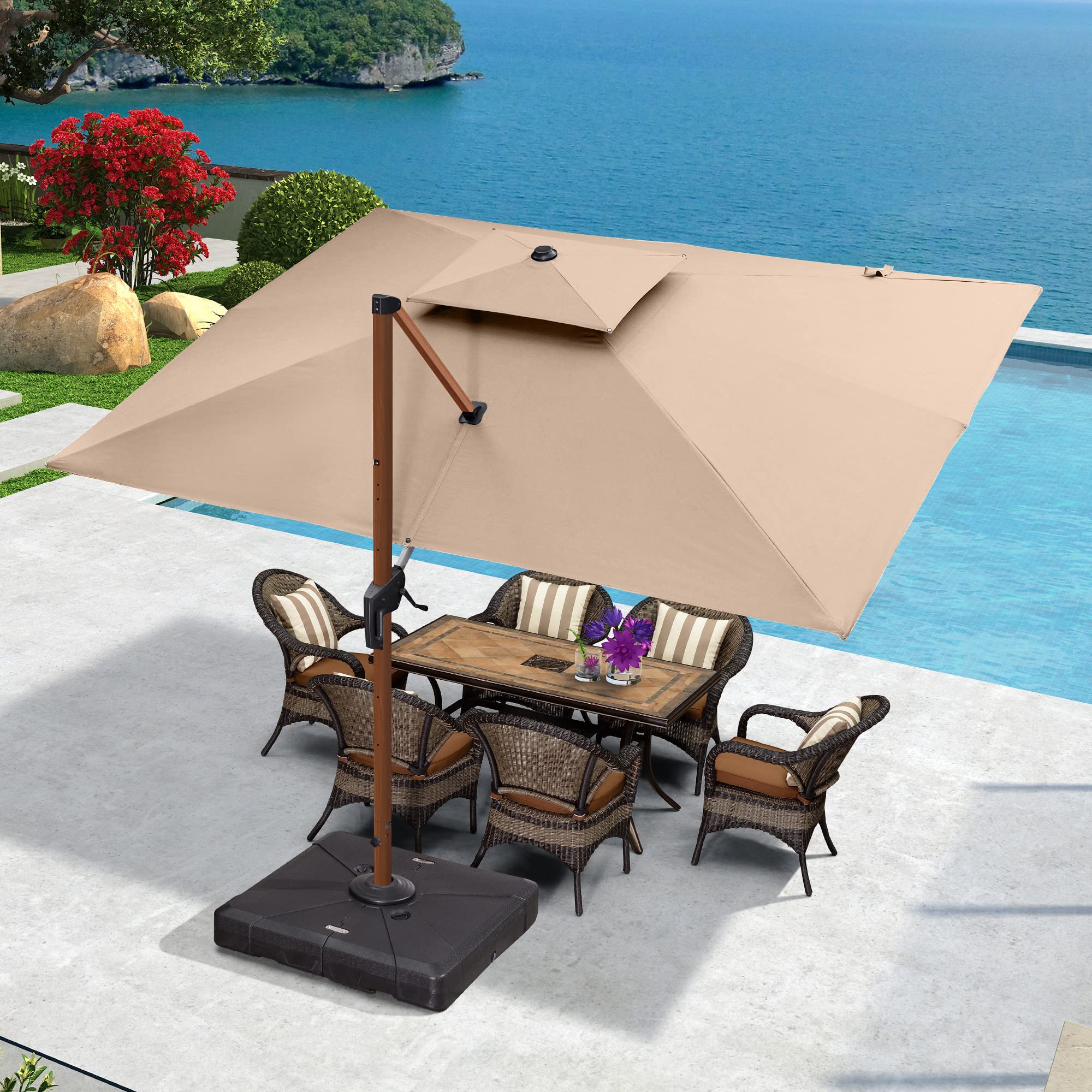9' X 12' Double Top Deluxe Wood Pattern Rectangle Patio Umbrella Offset Hanging Umbrella Outdoor Market Umbrella Garden Umbrella, Beige