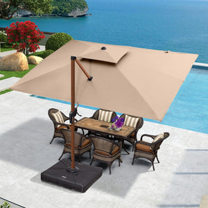9' X 12' Double Top Deluxe Wood Pattern Rectangle Patio Umbrella Offset Hanging Umbrella Outdoor Market Umbrella Garden Umbrella, Beige
