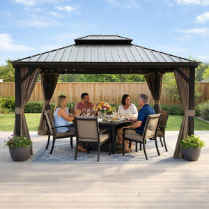 10' x 14' Hardtop Gazebo, Aluminum Frame with Galvanized Steel Double Roof, Outdoor Permanent Pavilion with Curtains and Netting for Patio, Backyard, Deck, Lawn (Brown)