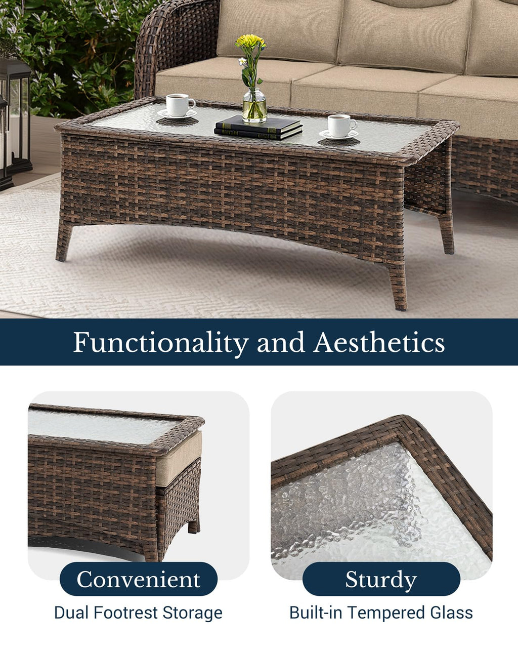 Luxury Patio Furniture Set with 6-inch Thick Cushion, Outdoor Couch and High Back Swivel Rocker Patio Chairs, 10PCS Wicker Conversation Set for Deck Yard and Poolside, Beige (V2)