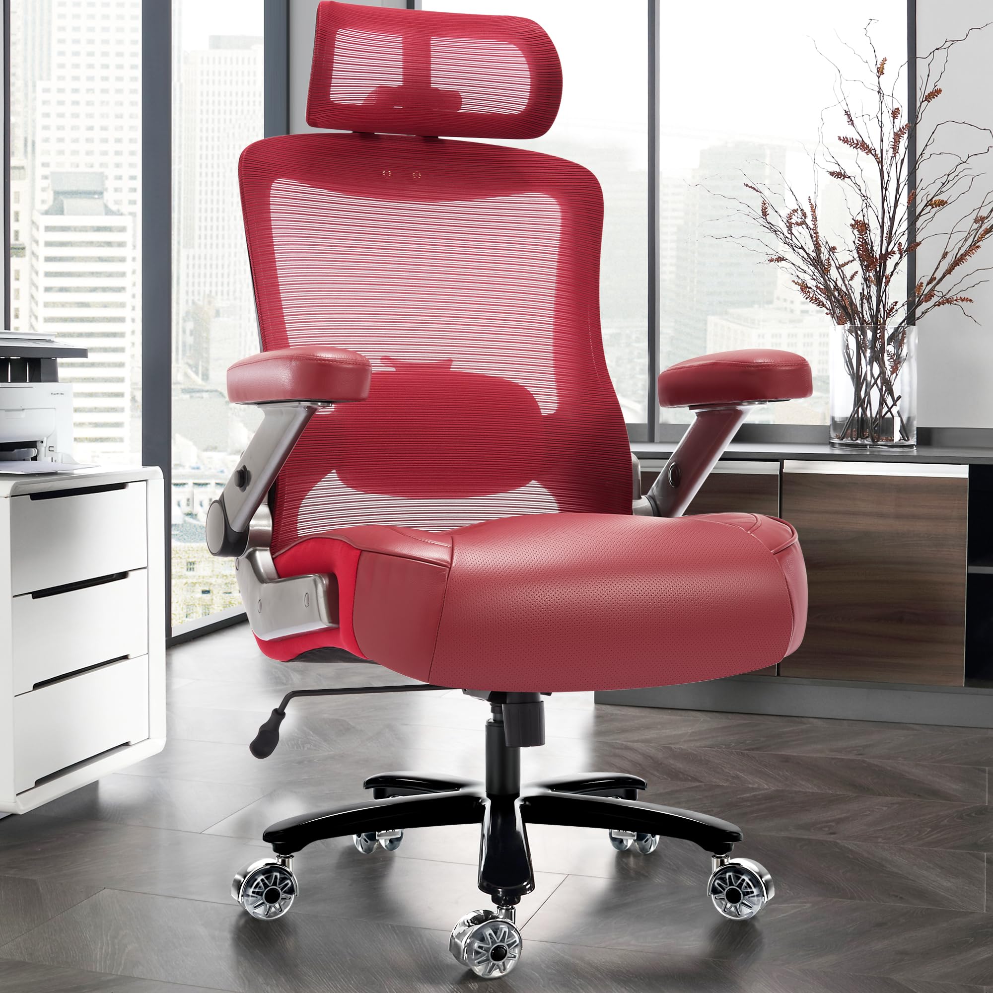 600lbs Big and Tall Office Chair- Heavy Duty Executive Computer Chair with 3D Flip Arms Large Wheels, Ergonomic Mesh High Back Desk Chair, Extra Wide Seat Adjustable Lumbar Support&Headrest