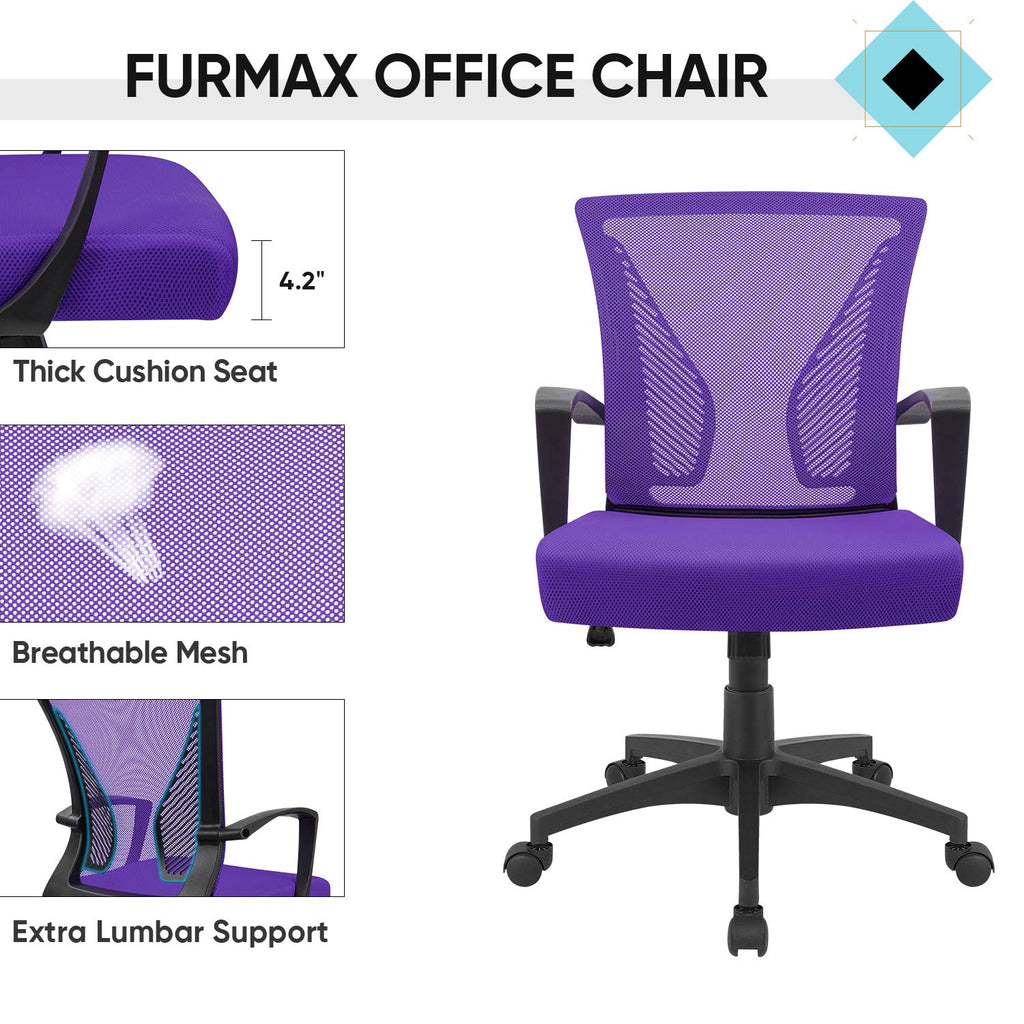 Office Chair Ergonomic Computer Desk Mesh Chair Mid Back Swivel Lumbar Support with Armrest (1, Violet)