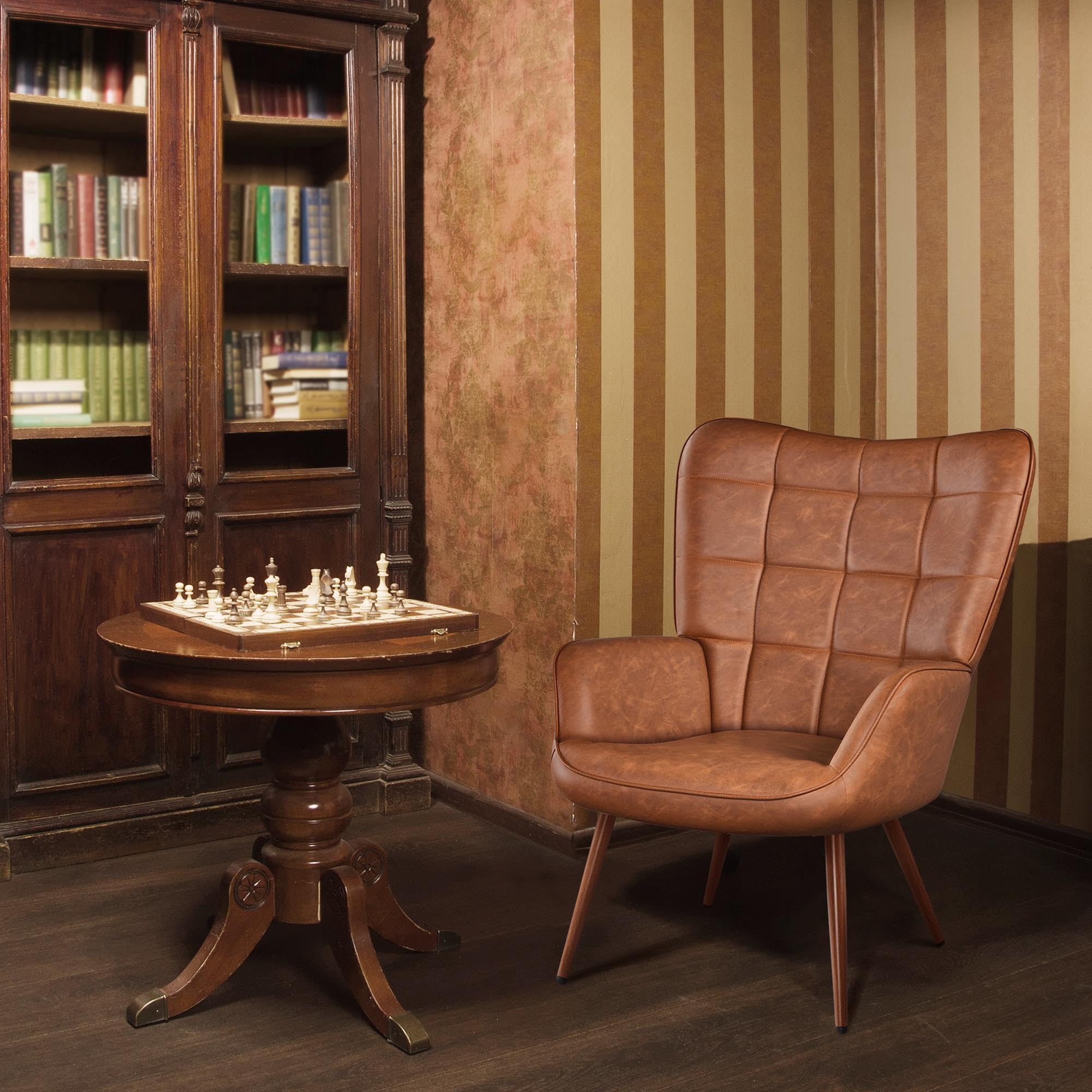 PU Leather Armchair, Modern Accent Chair Strong Structure, Vintage MidCentury High Back Sofa Chairs with Oversized Padded and Solid Metal Legs for Living Room/Bedroom/Office, Brown