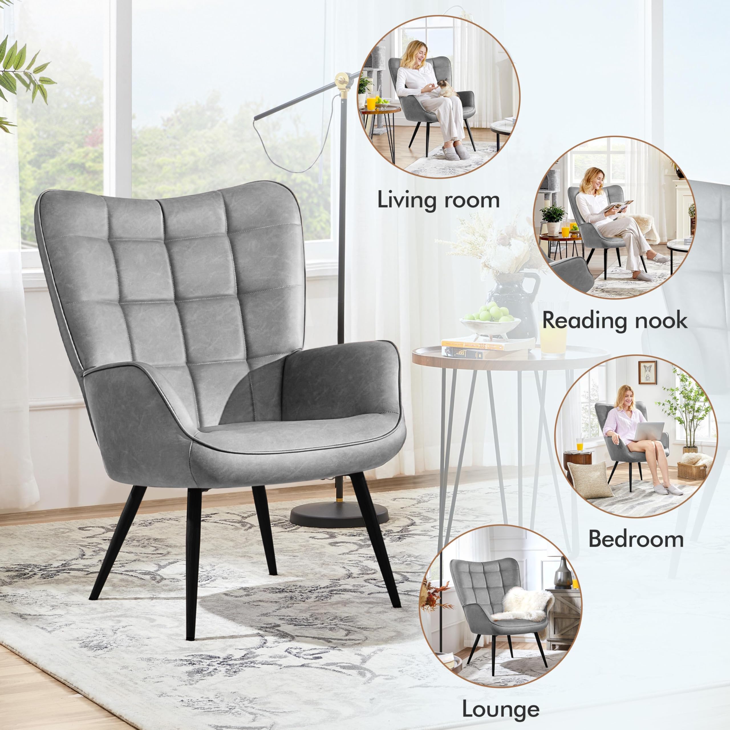 Accent Chairs, Large PU Leather High-Back Chair w/Metal Legs, Pottery Barn Style Living Room Chairs for Bedroom/Home Office, Gray, Set of 2