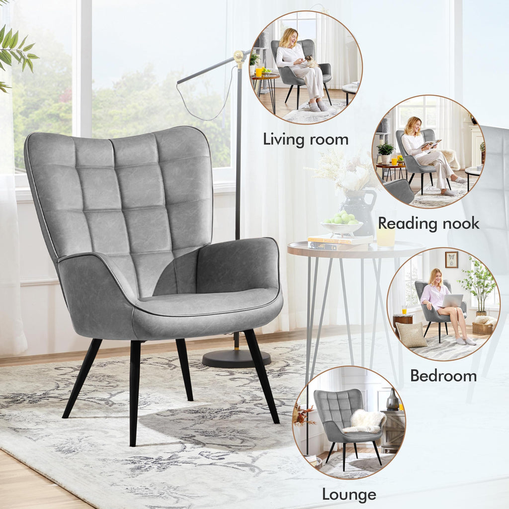 Accent Chairs, Large PU Leather High-Back Chair w/Metal Legs, Pottery Barn Style Living Room Chairs for Bedroom/Home Office, Gray, Set of 2
