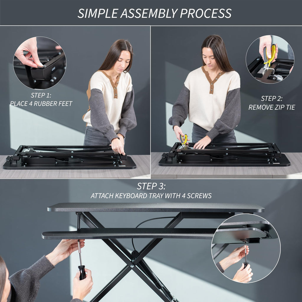 26 inch Desk Converter, K Series, Height Adjustable Sit to Stand Riser, Dual Monitor and Laptop Workstation with Keyboard Tray, Dark Walnut Top, Black Frame, DESK-V026KA
