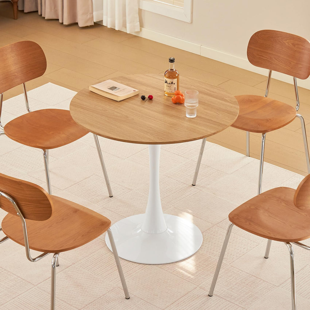 Round Dining Table, 31.5" Circle Tulip Table with Thickened Tabletop & Metal Pedestal, Mid Century Modern Bistro Table for Kitchen, Small Places, Living Room, Cafe (Faux Oak)