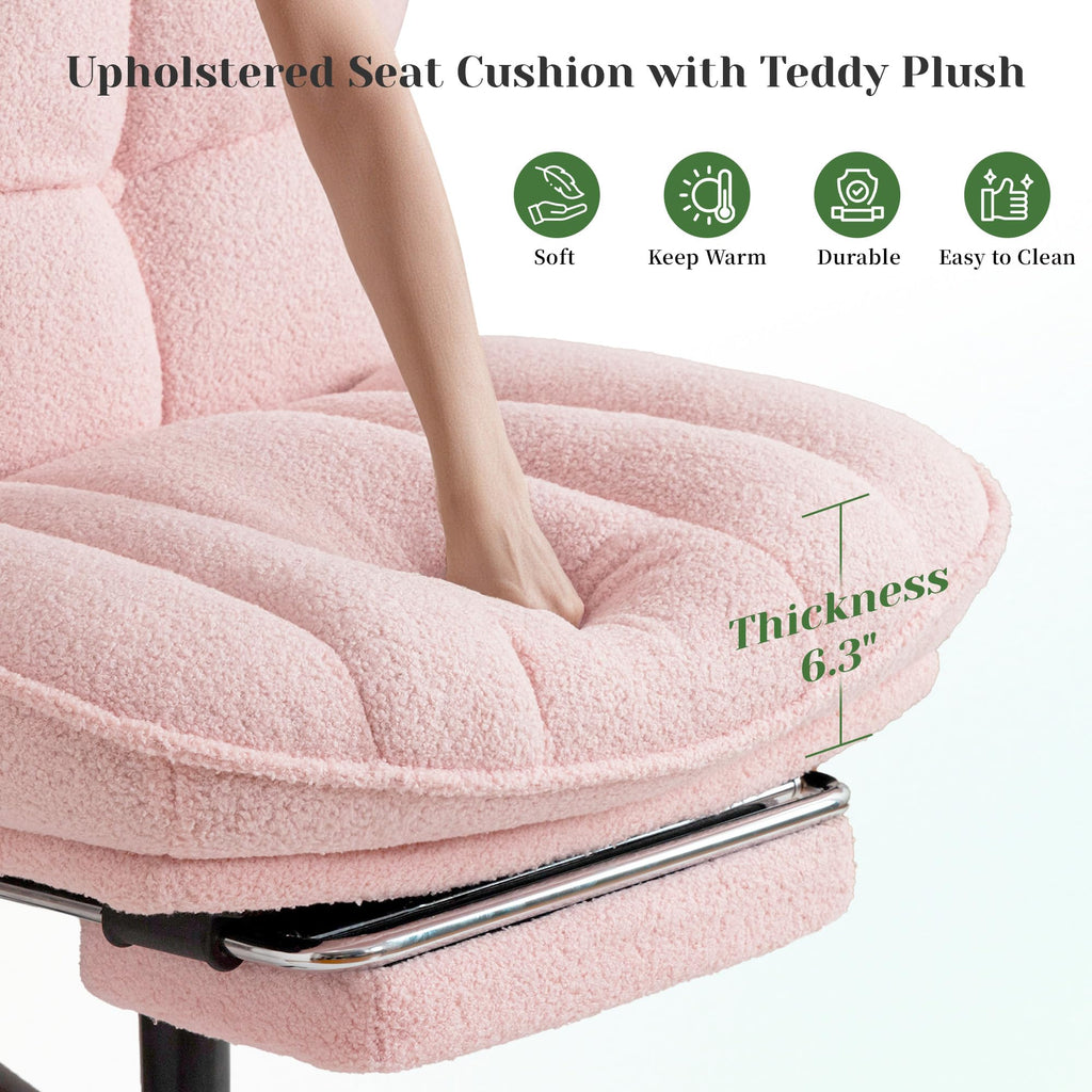 Criss Cross Office Chair with Footrest, 6.3" Thick Cushioned Cross Legged Office Chair with Wheels, Reclining & Height Adjustable, Swivel Armless Vanity Chair for All-Day Comfort (Pink)