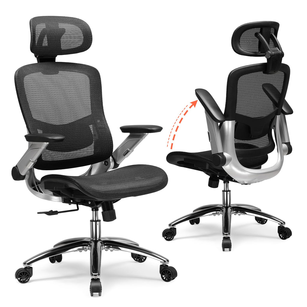 Big and Tall Ergonomic Mesh Office Chair, High Back Home Desk Chair Computer Gaming Chair with Headrest, Flip-Up Arms, 90-125° Tilt Lock and Wide Cushion, Task Chair for Man Woman-Deep Black
