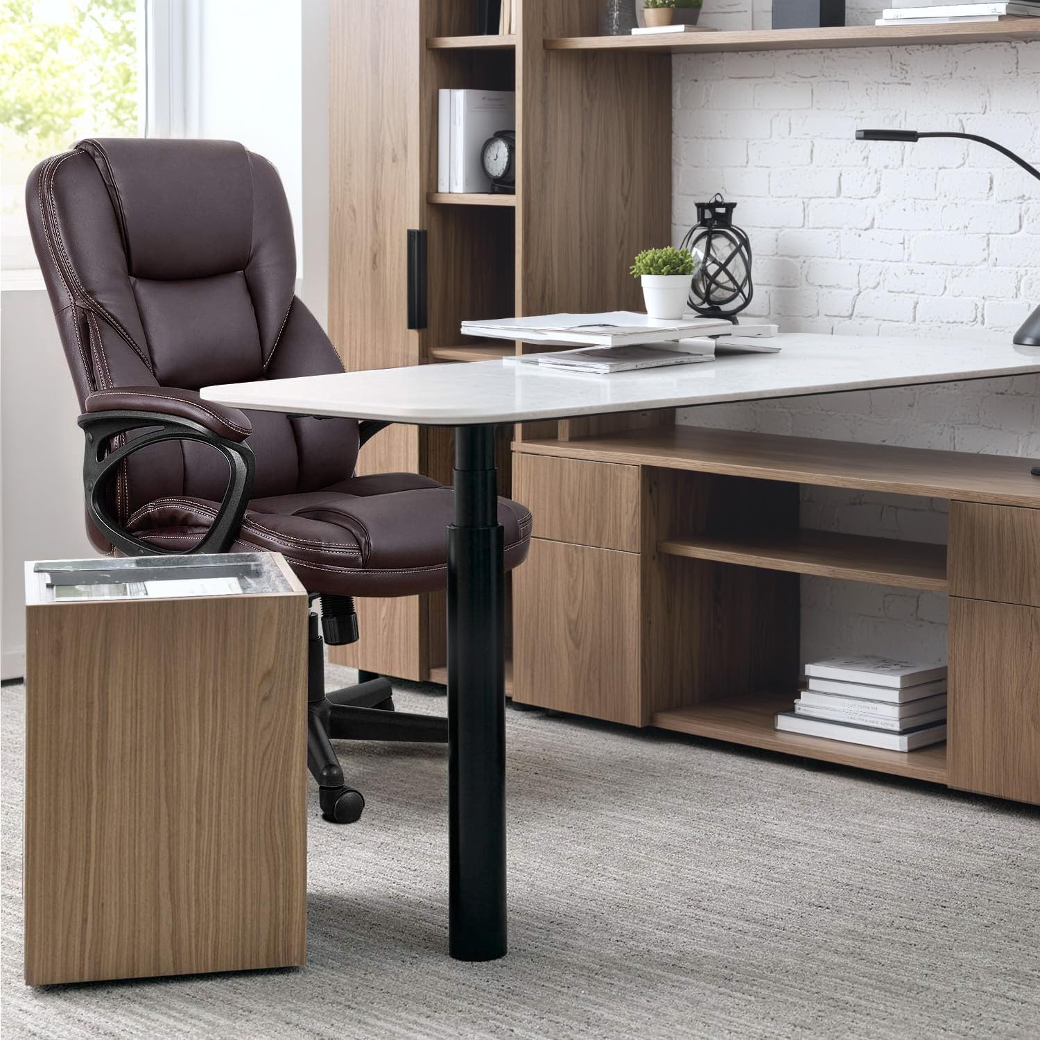 Office Executive Chair High Back Adjustable Managerial Home Desk Chair, Swivel Computer PU Leather Chair with Lumbar Support (2, Brown)