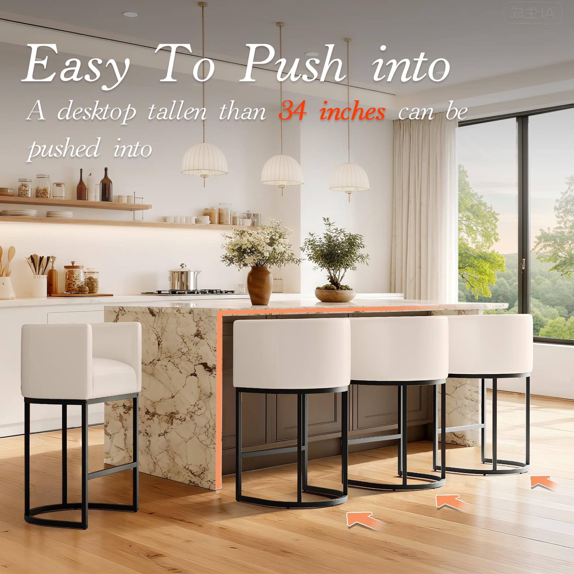 26" Modern Counter Height Bar Stools,UP Leather Upholstered Barrel Barstools with Backs,Island Chairs bar stools Set of 1,Metal Black Frames,Beige White Leather