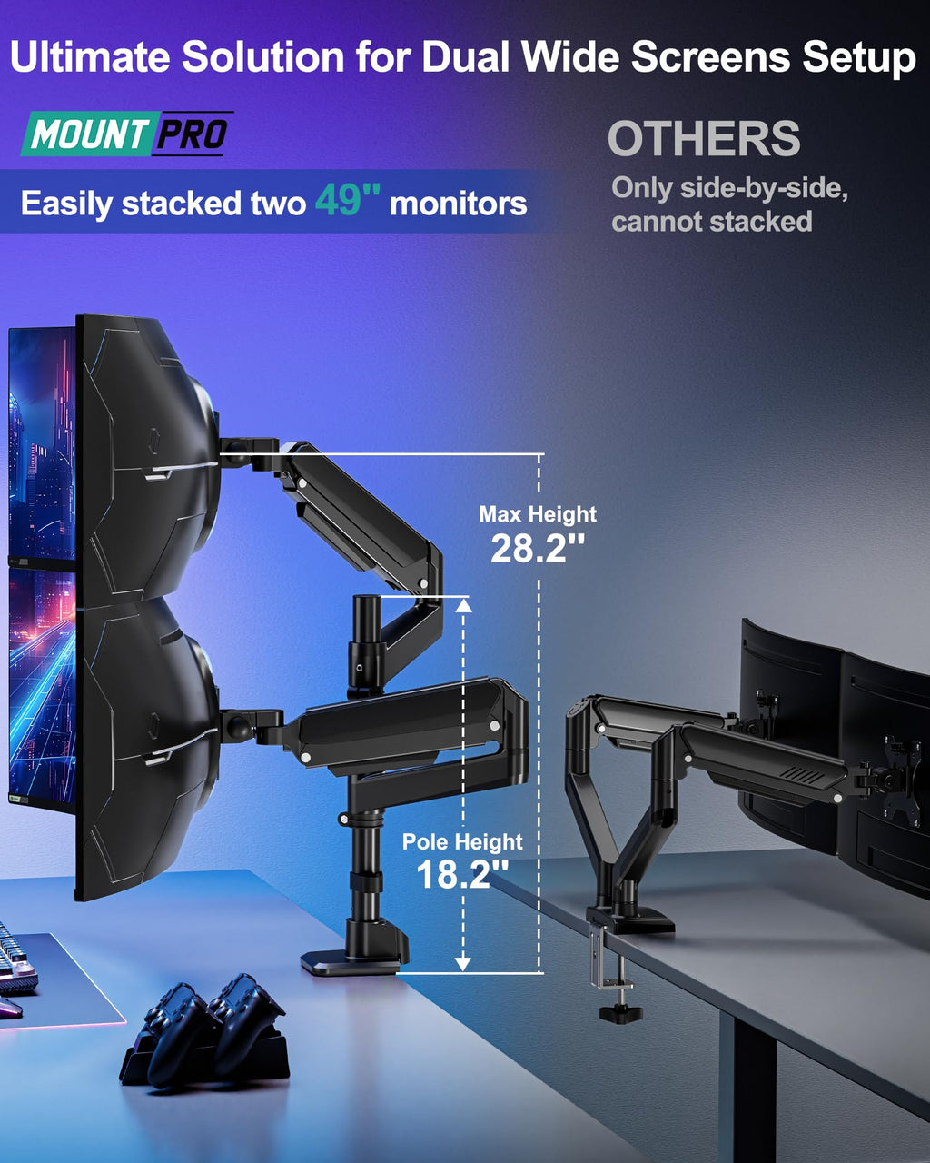 Dual Monitor Arm for Max 49" Ultrawide Screens up to 44 lbs, Heavy Duty Extra Tall Monitor Desk Mount, Vertical Stacked Adjustable Dual Monitor Mount, VESA Mount 75x75mm/100x100mm