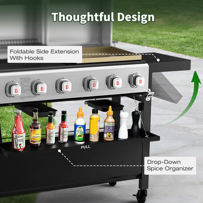 Griddle Grill Combo 6-Burner, 2 in 1 Versatile Propane Gas Grill and Griddle with Double Stainless Steel Lids, BBQ Combo for Outdoor Kitchen & Backyard Barbecue Cooking