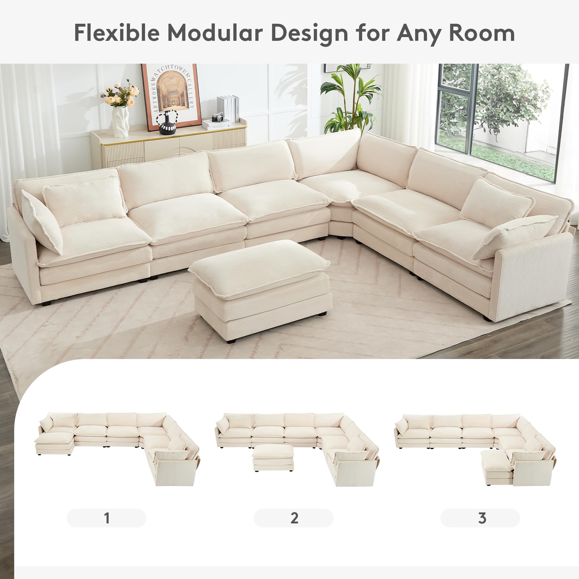 150'' Modular Sectional Cloud Couch, 7 Seater Corner Sofa Big Comfy Corduroy V Shaped Couch with 4 Throw Pillows, Convertible Chaise, Ottoman, Couches for Living Room Office Beige