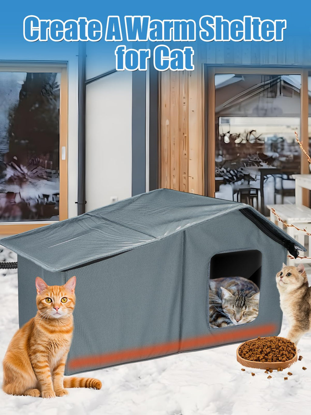 Weatherproof Heated Cat Houses for Outdoor Cats - Insulated Cat Shelter for Winter with Thermostatic Heating Pad and Escape Door, Warm Outside Pet House Gift for 2-3 Feral Cats (Large)