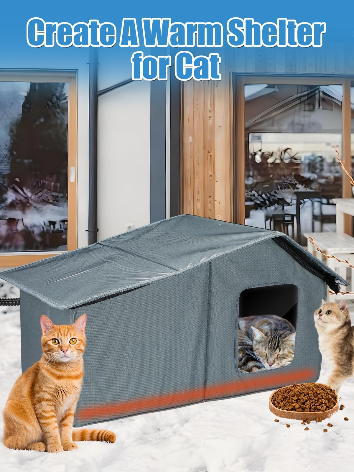 Weatherproof Heated Cat Houses for Outdoor Cats - Insulated Cat Shelter for Winter with Thermostatic Heating Pad and Escape Door, Warm Outside Pet House Gift for 2-3 Feral Cats (Large)
