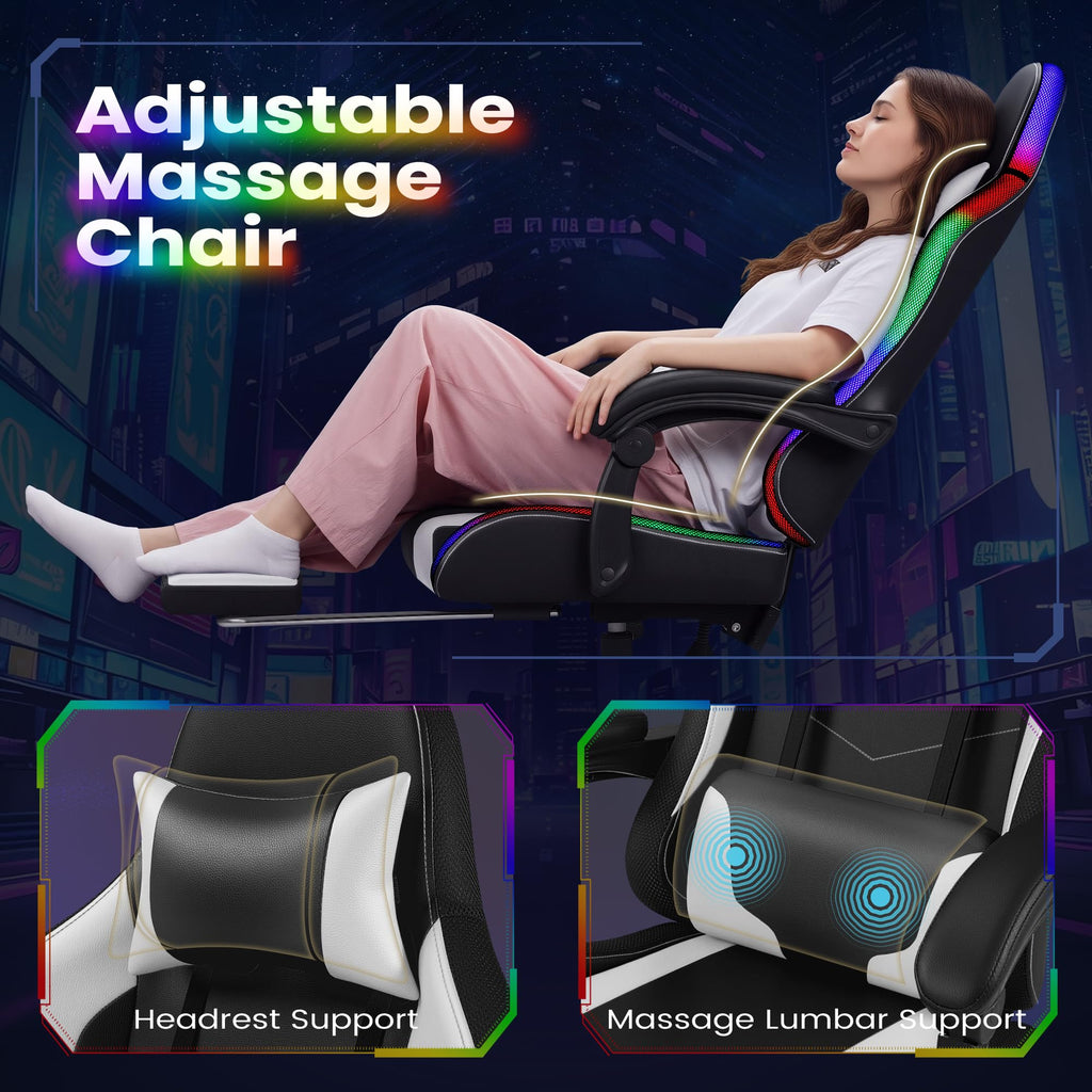 Gaming Chair, Video Game Chair with Footrest and Massage Lumbar Support, Ergonomic Computer Chair Height Adjustable with Swivel Seat and Headrest (RGB Lvory)