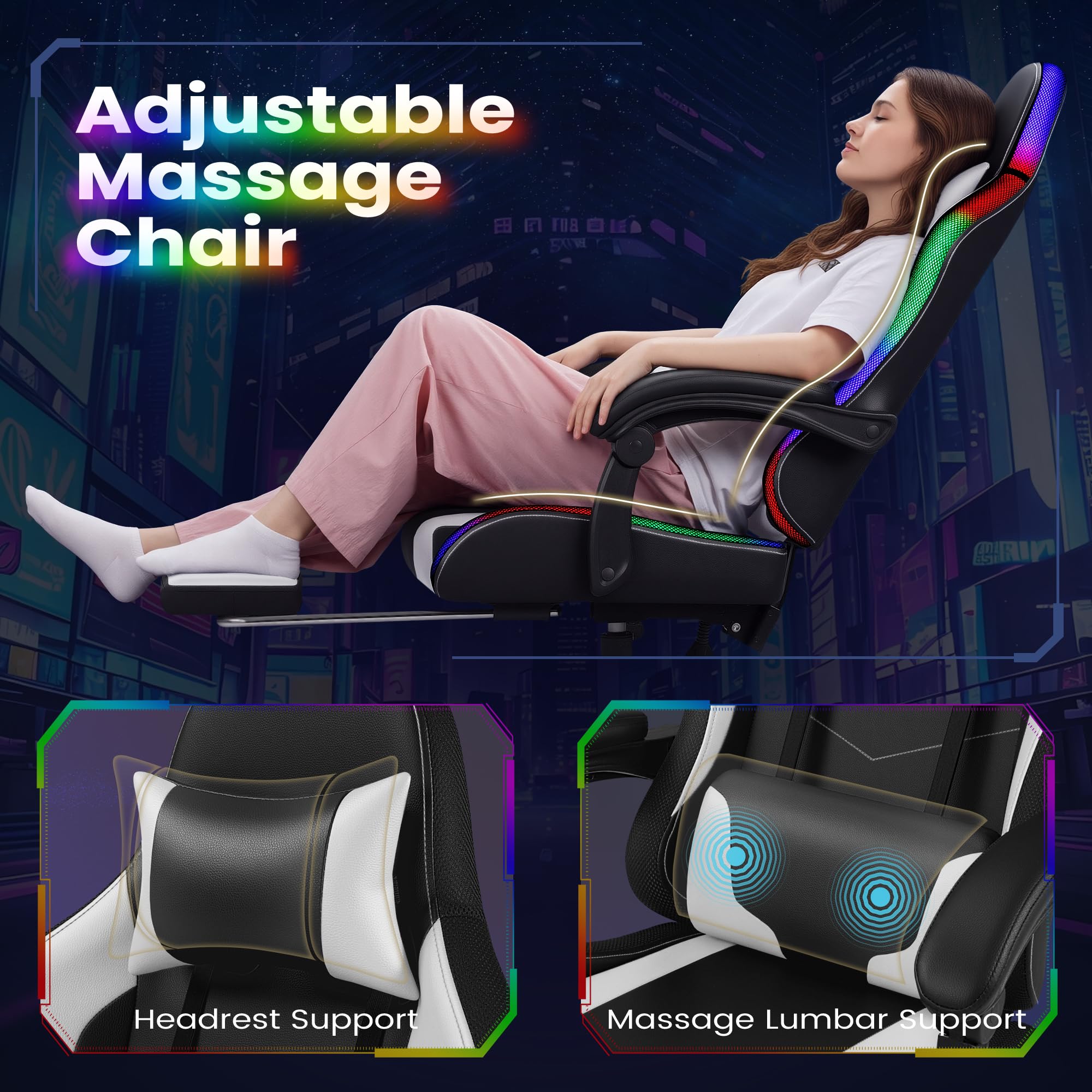 Gaming Chair, Video Game Chair with Footrest and Massage Lumbar Support, Ergonomic Computer Chair Height Adjustable with Swivel Seat and Headrest (RGB Lvory)