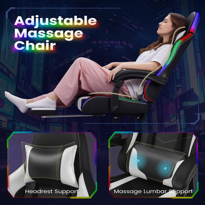 Gaming Chair, Video Game Chair with Footrest and Massage Lumbar Support, Ergonomic Computer Chair Height Adjustable with Swivel Seat and Headrest (RGB Lvory)