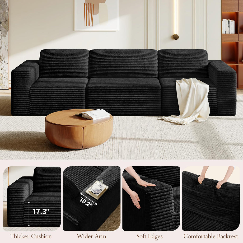 119" Modular Sectional Sofa, Corduroy Cloud Couch with Deep Seating & Spring Support, 3 Seater Flexible Layout Sofa, Boneless Couch for Living Room & Apartment, No Assembly Required, Black