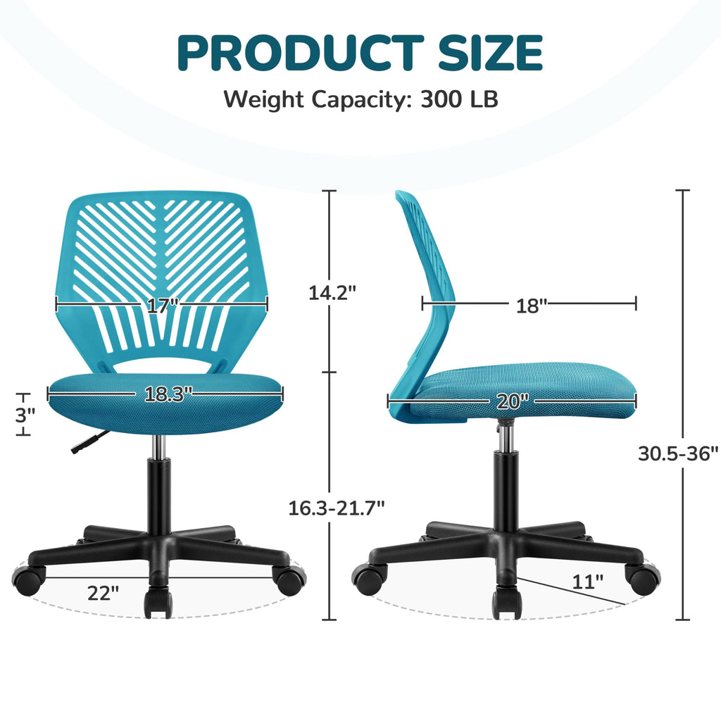 Kids Cute Office Chair Low-Back Armless Study Chair w/Lumbar Support Adjustable Height for Children in Bedroom School, Turquoise