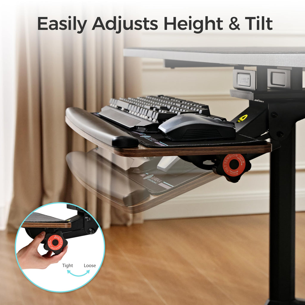 Keyboard Tray Height Adjustable, Swivel Tilt Computer Keyboard Drawer Under Desk, 25x9.13'' Sliding Keyboard & Mouse Platform with Mouse Pad for Typing, Walnut