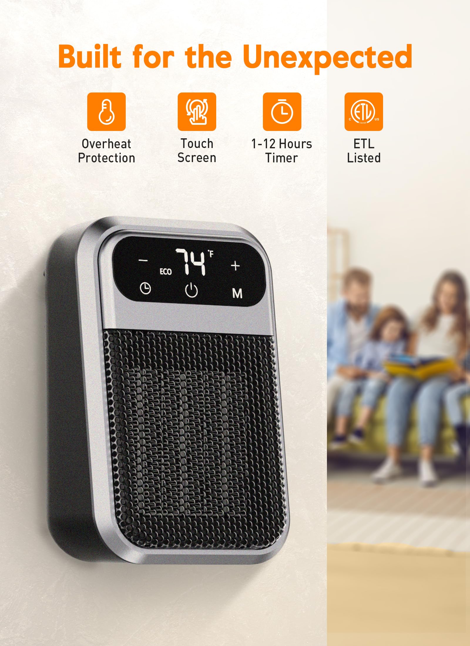 Givebest Cyber 800W Plug in Heater with ECO Mode Save Energy - Portable Outlet Space Heater, Small Electric Wall Heaters for Indoor Use with Adjustable Thermostat and 12H Timer for Bathroom Home