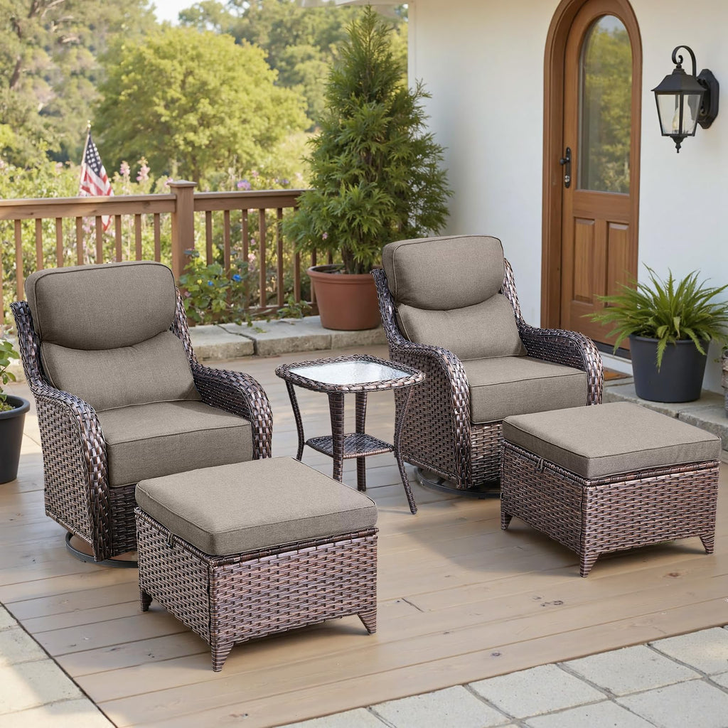 Luxury 6" Thick Cushioned 5 Pieces Patio Furniture Set with 2 Ottomans, Wicker Outdoor Conversation Set with High Back Swivel Rocker Patio Chairs for Deck Porch Yard and Poolside - Brown+Grey