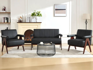 Black Leather Loveseat Sofa and Accent Chairs Set of 2, Mid-Century Modern Office Furniture Couch and Chair Set, Small Love Seat Couches with Wood Arm, 3 Pieces Living Room Furniture Sets (3)