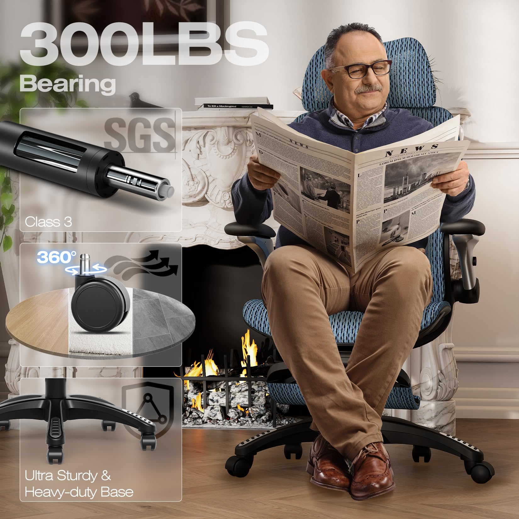 Ergonomic Office Chair with Footrest, Big and Tall Home Desk Chair with 5D Flip-Up Arms, Adjustable 3D Lumbar Support,High Back Rolling Computer Chair, Swivel Mesh Chairs (Oaxaca Blue)