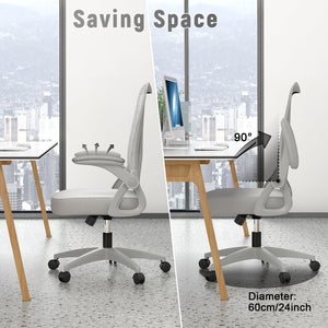 Ergonomic Office Chair, Mid Back Desk Chairs with Adjustable Height, Swivel Chair with Flip-Up Arms and Lumbar Support, Breathable Mesh Computer Chair for Home/Study/Working, Grey