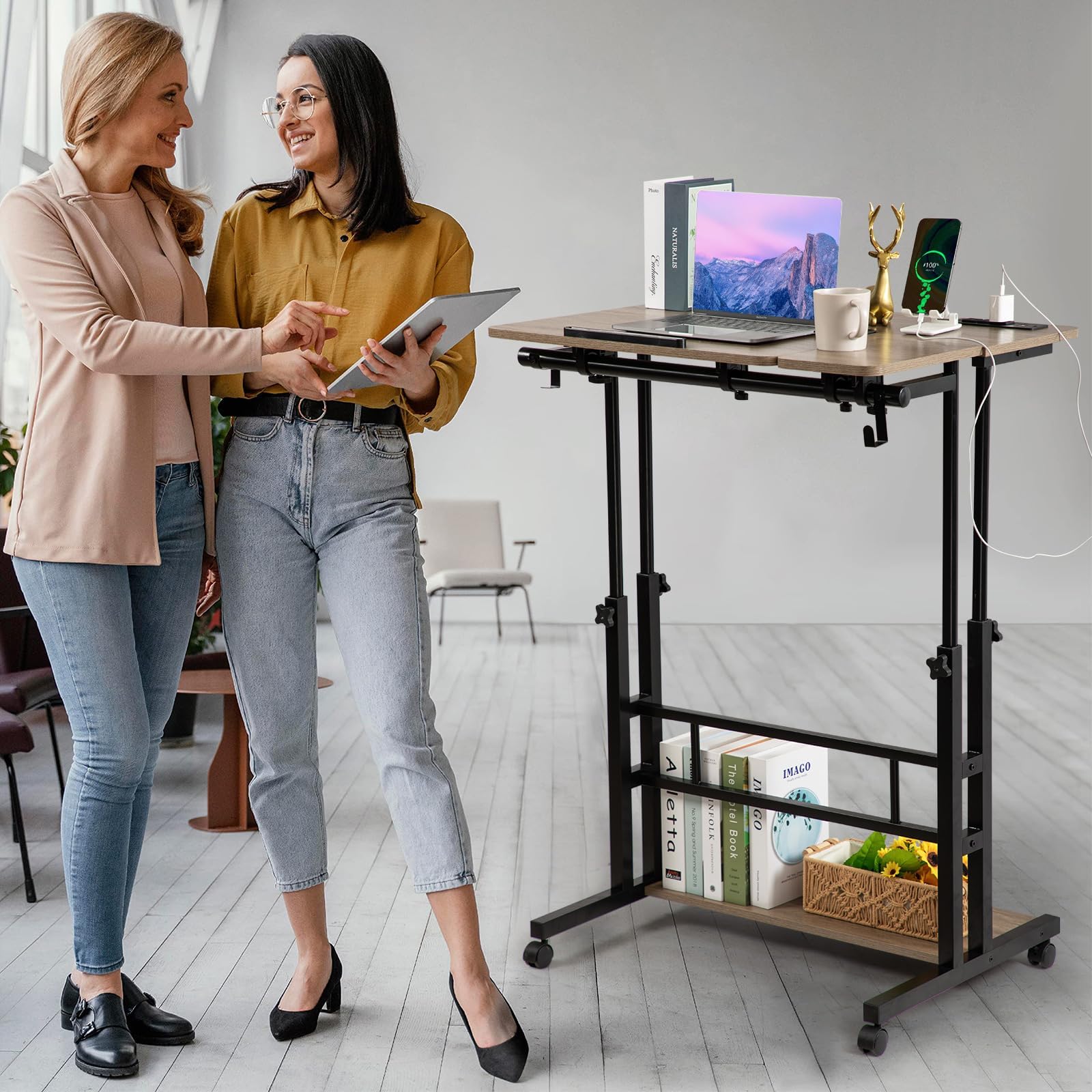 Rolling Stand Up Desk Adjustable Height - Portable Standing Desk with Wheels & Charging Station, Mobile Laptop Desk Small Standing Desk Drawing Table, Grey
