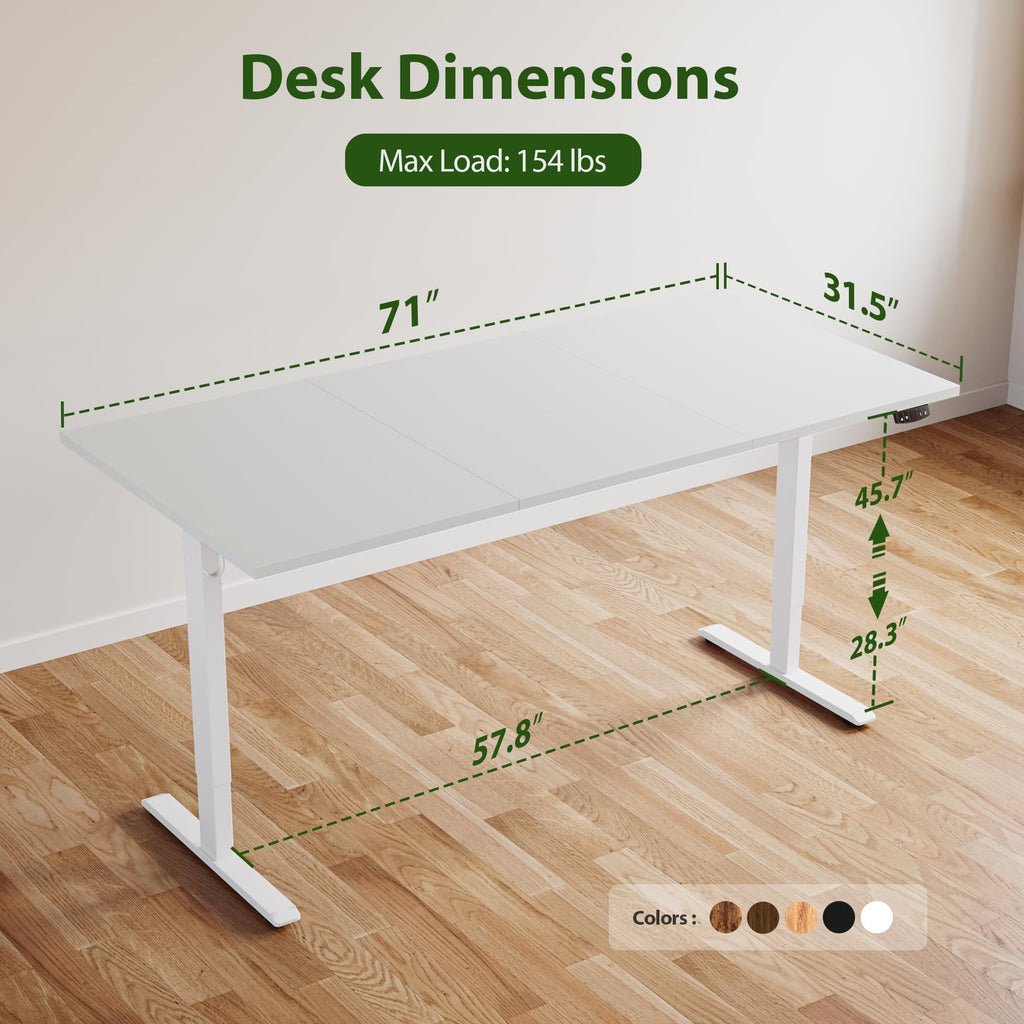 Electric Standing Desk, 71 x 31.5 Inches Height Adjustable Desk, Sit Stand up for Work Office Home, Ergonomic Rising Computer Table with Memory Preset, White